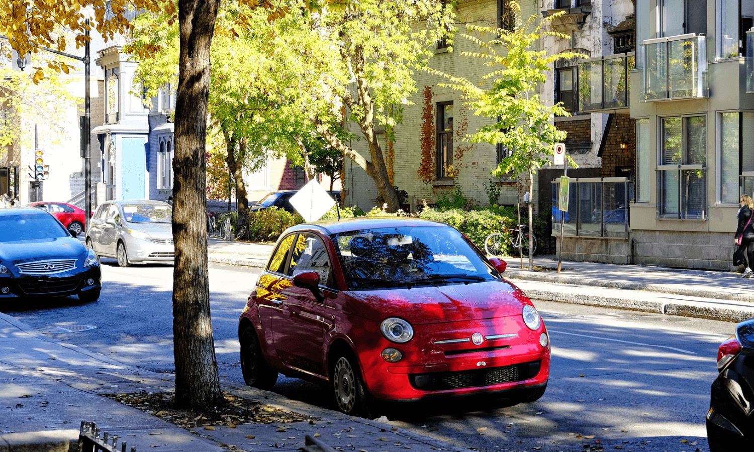 Ein roter Fiat 500 parkt im Schatten eines Baumes. © iStock