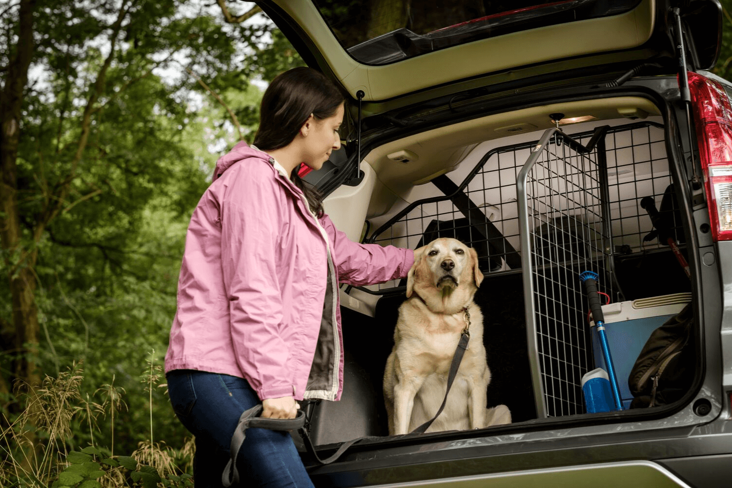 Nach dem Canicross, Dog Dancing oder Nordic Walking fahren Hund und Mensch im Auto nach Hause. Der Hund wird im Kofferraum transportiert. Er ist durch ein Hundegitter und einen passenden Laderaumteiler von Travall geschichert.