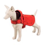 Raspberry coloured hooded raincoat on a model of a dog