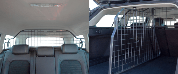 Side-by-side image of Travall Guard and Travall Divider installed on a VW Passat Estate.  