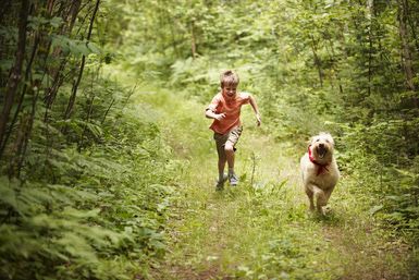 Young boy running with dog in woods