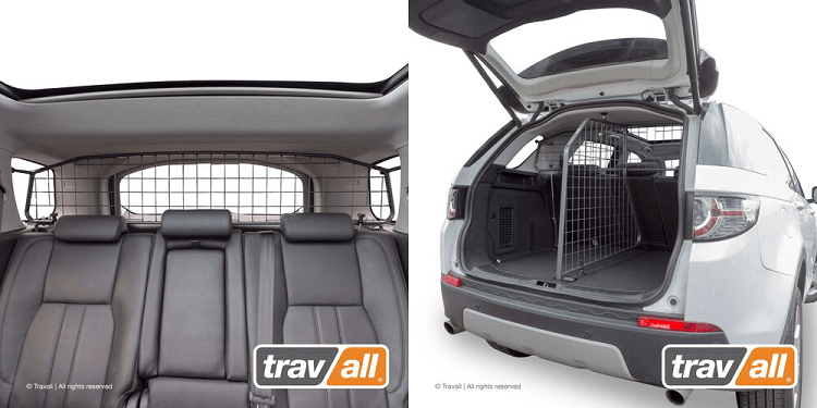 Interior view of the Travall Guard and rear view of the Travall Divider installed in the Land Rover Discovery Sport.  